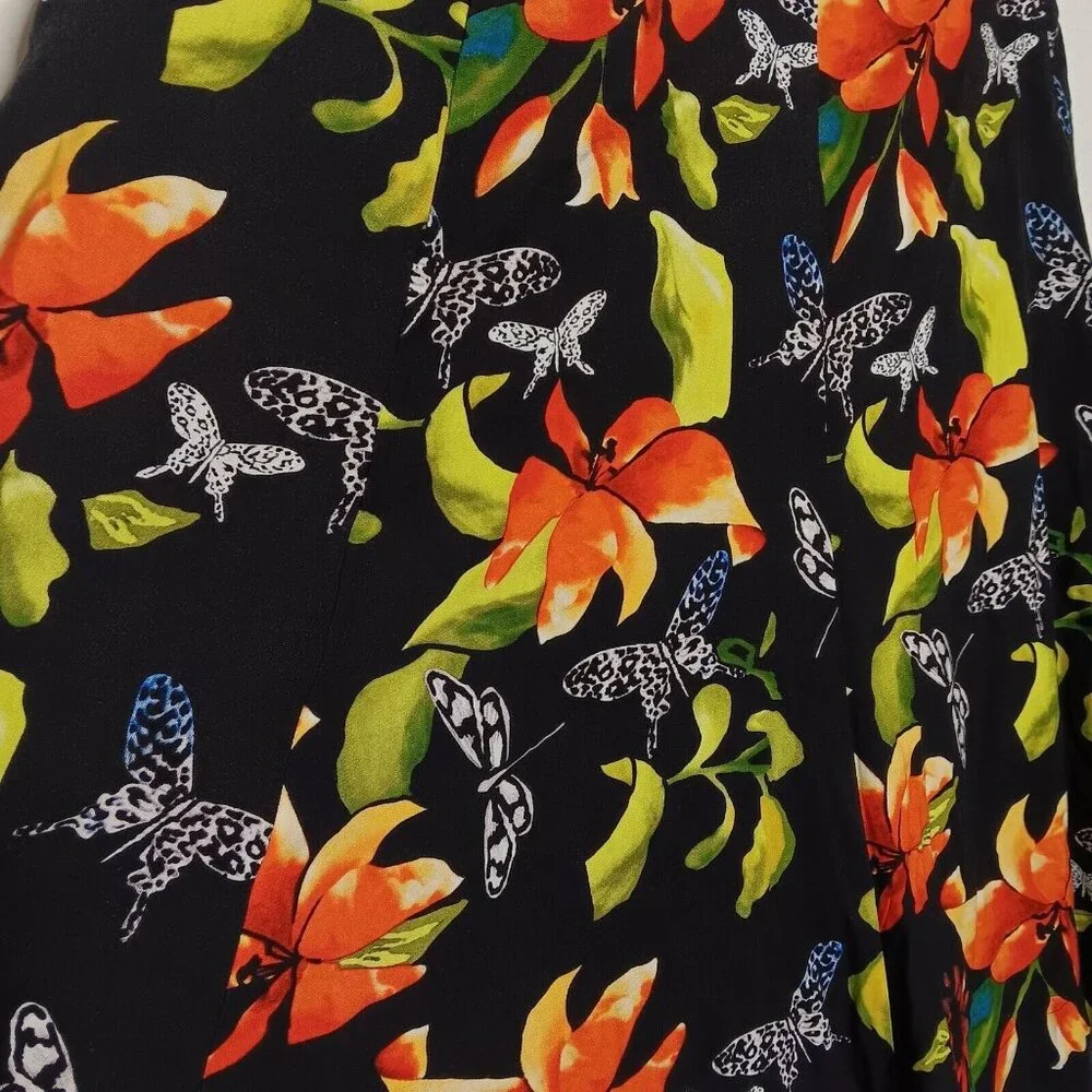 Soft Surroundings Large Skirt Midi Butterfly Black Floral Hawaiian Plumeria Zip - Picture 3 of 10